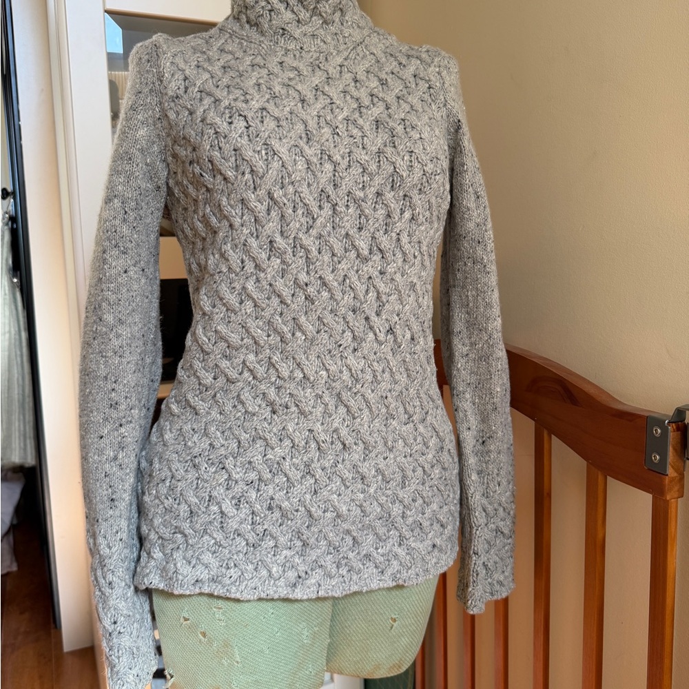 Grey Cable Knit Turtleneck Aran Sweater Ireland Cashmere